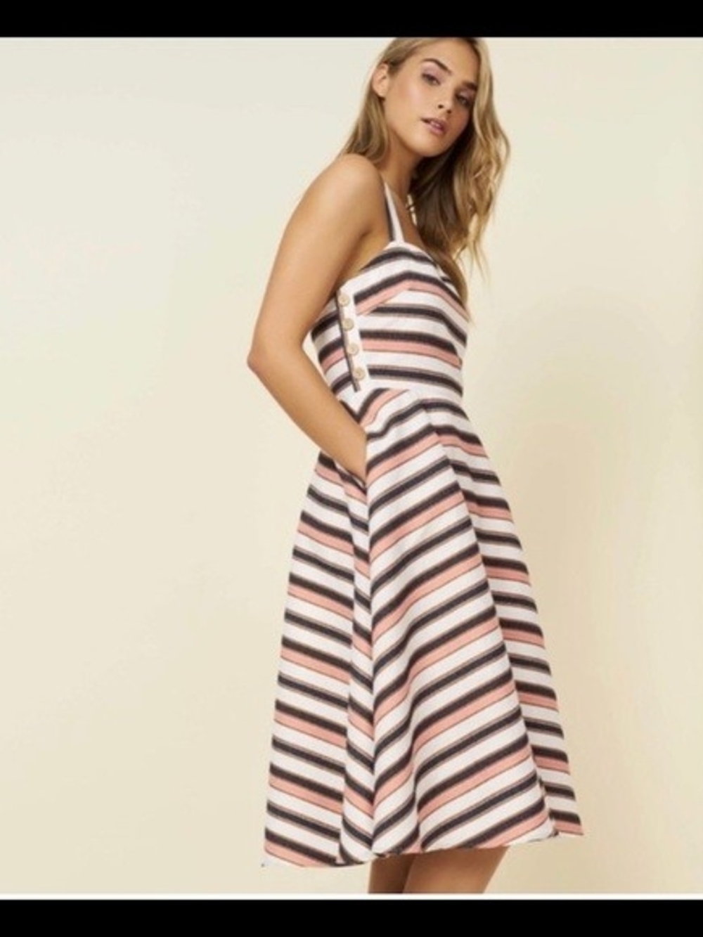 Hutch Striped Pink, Black and White Midi Dress with Button Detail